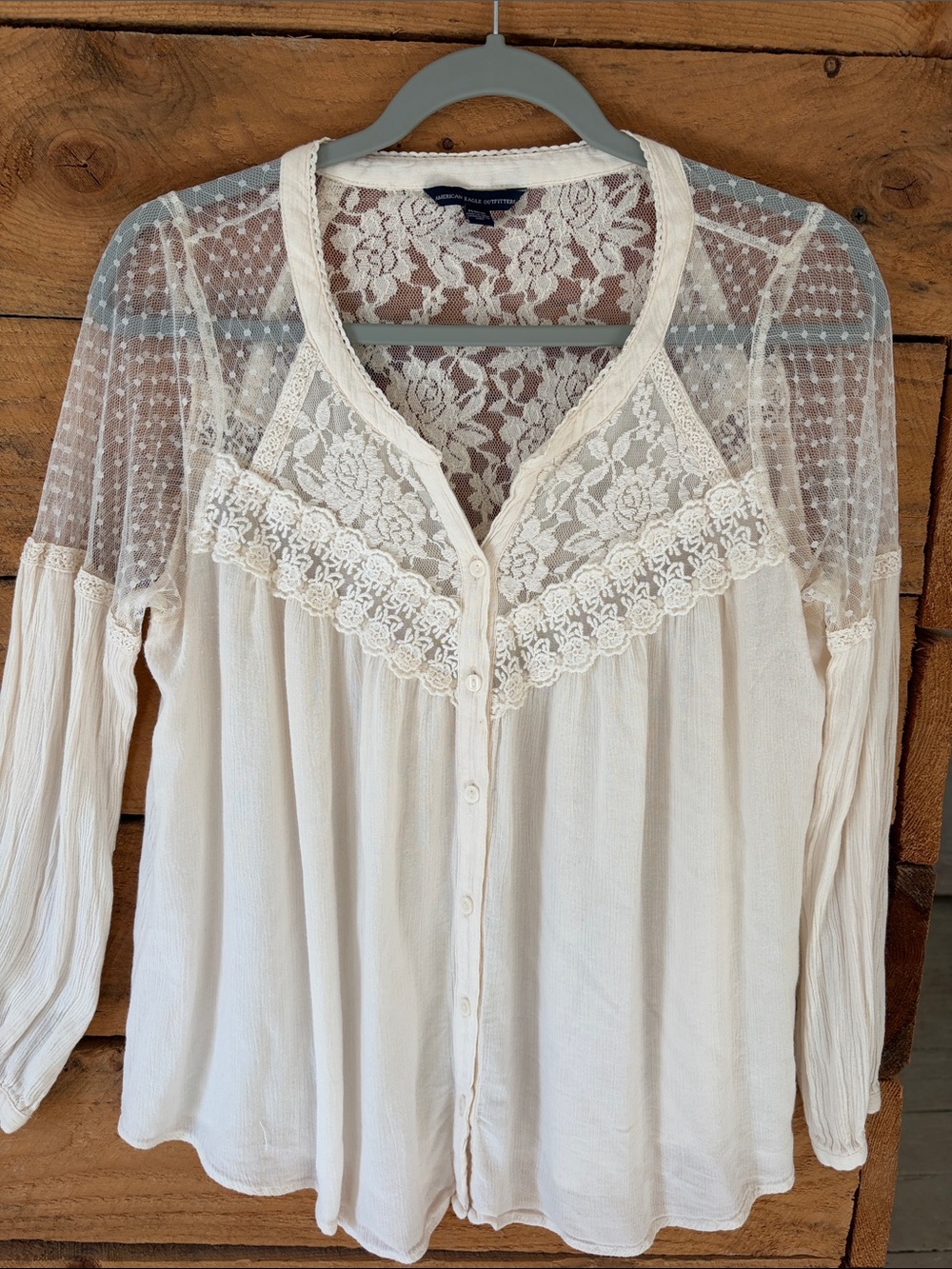 Delicate Lace-Trim Ivory Button-Front Women's Top